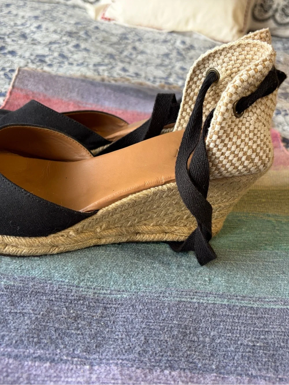 J Crew Women's Black Espadrille Wedge Sandals with Ankle Tie size 8.5 EUC